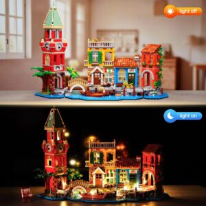 Venice Main Street Building Set For Adults, 2155 PCS City House Building Block Kit With Light Flower Shop Pizzeria, Christmas Home Decor Architecture Model Gift For Women Men Teen Girl