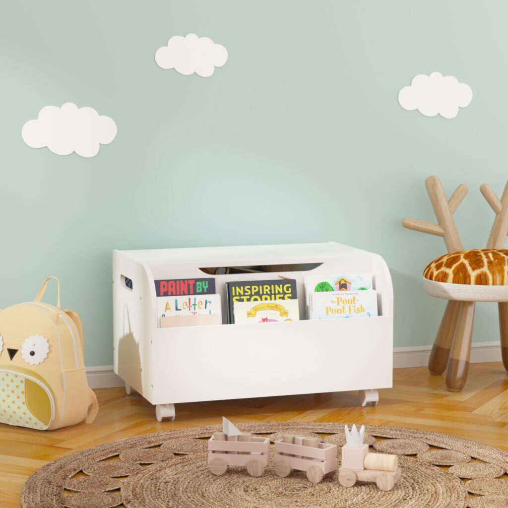 Wooden Toy Box With 4 Universal Wheels, Kids Toy Storage Organizer With Front Bookshelf, Flip-Top Lid, Safety Hinge, Boys Girls Toy Chest Bench For Playroom Kids Room Organization White