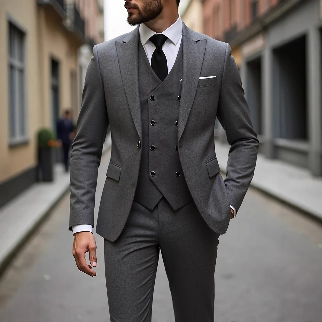 Double-breasted Suit Set Mens Three-piece Business Suit - Image 2