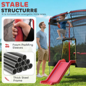 4 x 6FT Trampoline for Kids Indoor & Outdoor with Slide, Swing, Basketball Hoop and Safety Enclosure, Red