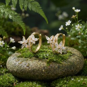 925 Sterling Silver Sparkling Floral Marquise Crystal Huggie Hoop Earrings with Dainty Accents