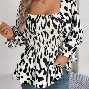 Women's Casual Ruffle Trim Square Neck Leopard Print Long Sleeve Chiffon Top