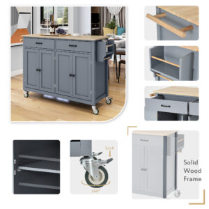 Kitchen Island Cart With Solid Wood Top And Locking Wheels,54.3 Inch Width,4 Door Cabinet And Two Drawers,Spice Rack, Towel Rack Grey Blue