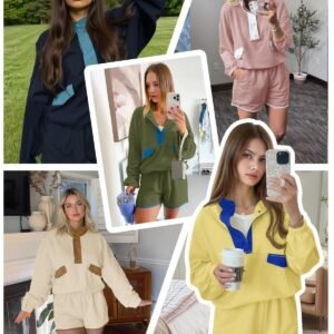 Fisoew Womens 2 Piece Sets Sweatsuits Casual Half Button Color Block Sweatshirts Running Shorts Tracksuits Fall Outfits