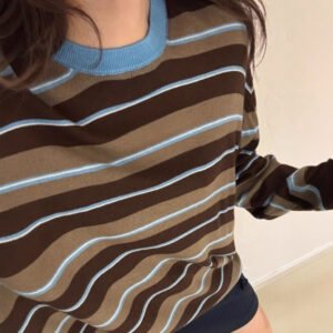 Blue And Coffee-striped Crewneck Pullover Loose-fitting Long Sleeves Womens