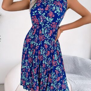 Women Elegant Ruffle Trim Floral Print Tie Waist Pleated Dress