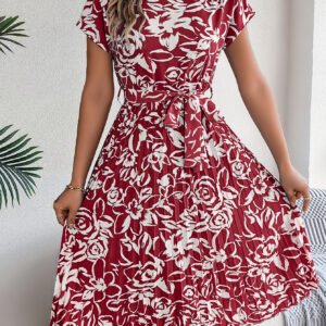 Women's Elegant Floral Print Short Sleeve Flowy Pleated Dress
