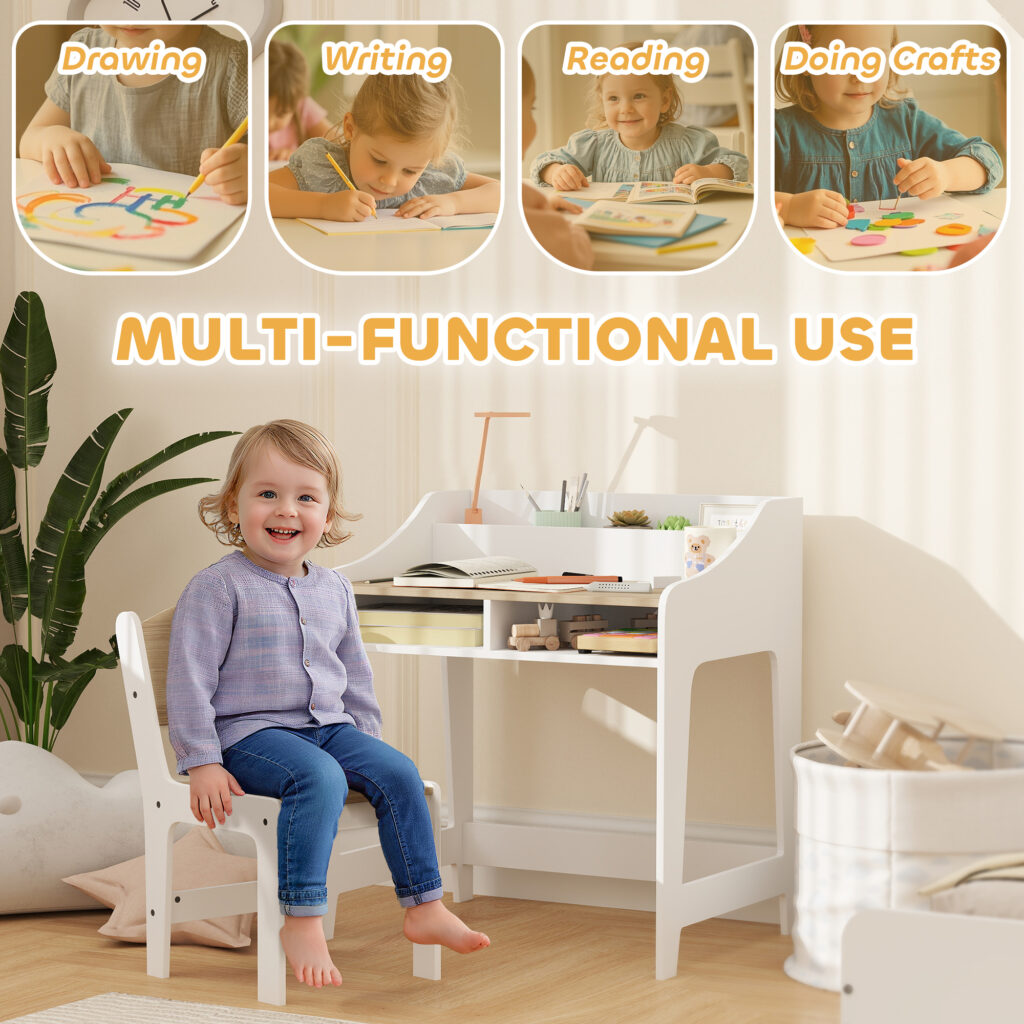 Kids Desk and Chair Set with Storage and Shelves, for Bedroom & Study Room, Gift for 3-8 Years Old, Natural Wood
