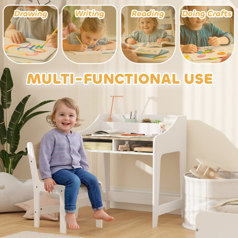 Kids Desk and Chair Set with Storage and Shelves, for Bedroom & Study Room, Gift for 3-8 Years Old, Natural Wood