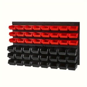 Tacking Boxes, 48 Container Divider Shelf Organizer For Garage, Plastic Loading Tool With Wall Panels, Tool Organizer For Nuts, Bolts, Screws, Nails, Beads, Buttons, Black And Red