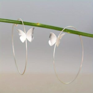 Fashionable Large Hoop Earrings With Butterfly Design Silver Color For Women