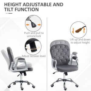 Button Tufted Desk Chair, Home Office Chair with Padded Armrests, Adjustable Height and Swivel Wheels, Dark Gray