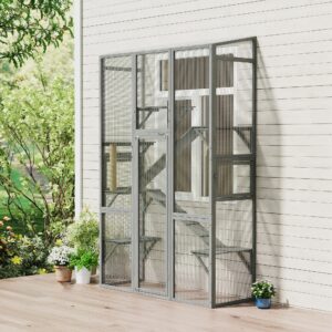 Outdoor Catio Cat Enclosure, Large Wooden Cat House with 6 Jumping Platforms, Scratching Post, 2 Ramps, for 2-3 Kittens