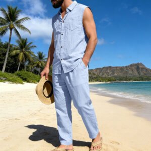 Mens Loose Linen Casual Sleeveless Shirt And Straight-Leg Pants Set