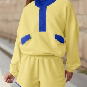 Fisoew Womens 2 Piece Sets Sweatsuits Casual Half Button Color Block Sweatshirts Running Shorts Tracksuits Fall Outfits