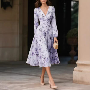 Elegant V-Neck Long-Sleeve Womens Dress With Print