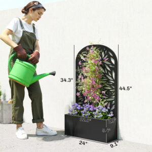 Metal Garden Bed with Trellis for Climbing Plants, Freestanding or Wall Mounted Flower Bed for Garden, Patio, Balcony