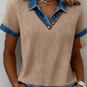 Women's Lapel Collar Short-Sleeve Top Fashionable Denim