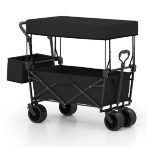 Foldable Utility Wagon,Adjustable Handle Outdoor Wagon, Puncture-Proof Wheels With Brakes, Removable Bag & Side Pockets-Black