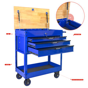 3 DRAWERS MULTIFUNCTIONAL TOOL CART WITH WHEELS AND WOODEN TOP-Blue