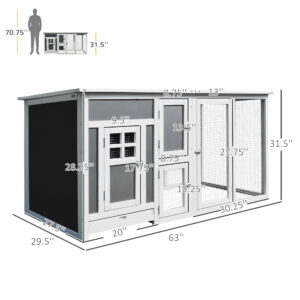 PawHut 63 Outdoor Chicken Coop Wooden, Chicken Cage With Run Area, Nesting Box, Hen House With Waterproof Roof, Removable Tray