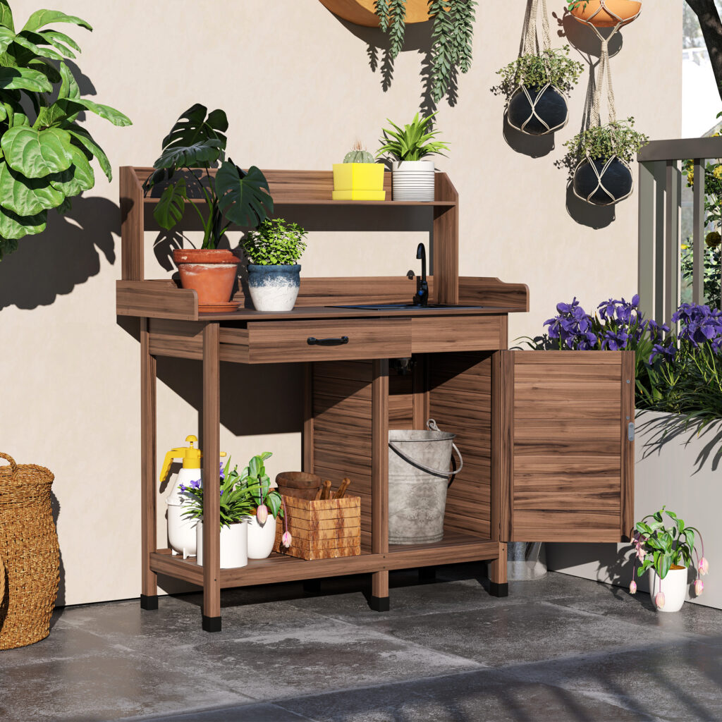 Potting Bench Table with Sink, Outdoor Work Bench Table with Storage Cabinet, Hooks, Removable Sink, Faucet and Drawer for Greenhouse, Garden, Patio, Dark Brown