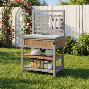Garden Cabinet With Water Basin Tap And Integrated Bottle Opener Weatherproof Tool Cabinet With Large Work Surface & Drawer, Grill Station With Adjustable Shelves, Outdoor Kitchen Cabinet