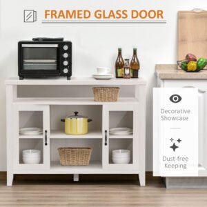 Farmhouse Sideboard Buffet Cabinet, Coffee Bar Cabinet with Storage Shelves, Kitchen Cabinet with 2 Framed Glass Doors and Anti-Topple, White