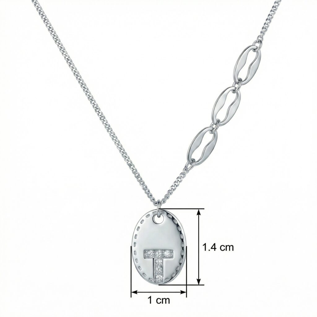 925 Sterling Silver Elegant Silver Oval "T" Initial Pendant Necklace with Asymmetrical Geometric Chain Links