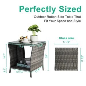 Outdoor Patio Wicker Side Table, Square End Table Bistro Coffee Table With Glass Top Storage Shelf For Porch Garden Backyard Grey(SAME AS 19215985)