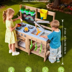 Mud Kitchen, Outdoor Mud Kitchen For Kids, Wood Outdoor Play Kitchens With Stoves, Hooks, Sinks, Planting Shovels, Spatulas, Handle, Cookware Pots And Accessories, Play With Water And Sand
