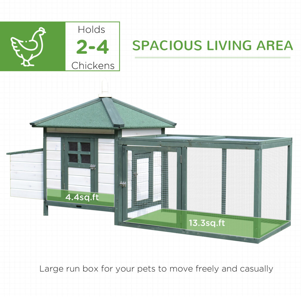 PawHut 77 Wooden Chicken Coop With Nesting Box, Cute Outdoor Hen House With Removable Tray, Ramp Run, For Garden Backyard, Green