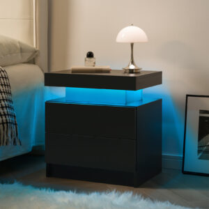 Nightstand LED Bedside Table Cabinet Lights Modern End Side With 2 Drawers For Bedroom Black