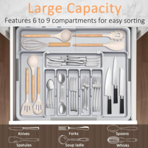 Adjustable 6-9 Compartment Kitchen Drawer Organiser For Large Capacity, Perfect Utensil Drawer Organiser, Cutlery Tray