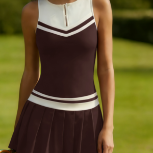 American-style Campus-inspired Color-blocked Zippered Pleated Tennis Dress For Women