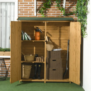 Outdoor Storage Cabinet Wooden Garden Shed Utility Tool Organizer With Waterproof Asphalt Rood, Lockable Doors, 3 Tier Shelves For Lawn, Backyard, Natural