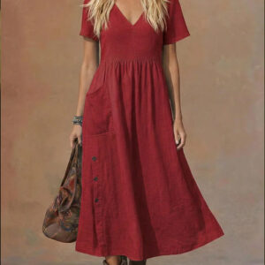 Women's V-neck Short-sleeve Pocketed Loose-fitting Fashionable Dress