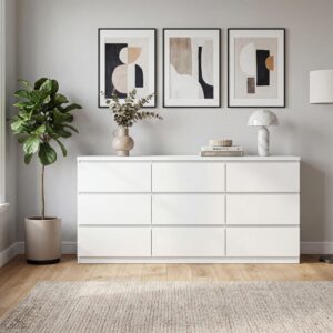 9 Drawer Dresser With No Handle Design, Modern White Matte Wood Dresser For Bedroom, Storage Chest Of Drawers For Living Room, Hallway, Entryway