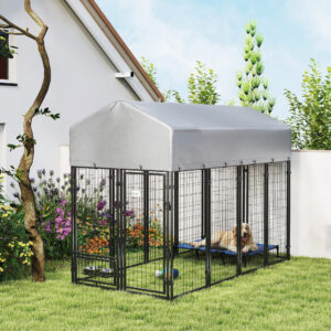 8′ x 4′ x 6′ Outdoor Dog Kennel, Dog Kennel Outside Run with 360° Rotating Bowls, Waterproof & UV Resistant Cover