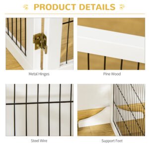 Wooden Pet Gate, 6-Panel Folding Dog Safety Barrier with Support Feet for Small & Medium Dogs, White