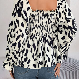 Women's Casual Ruffle Trim Square Neck Leopard Print Long Sleeve Chiffon Top