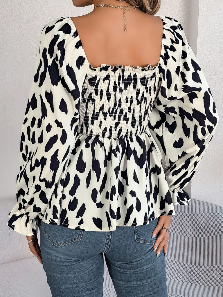 Women's Casual Ruffle Trim Square Neck Leopard Print Long Sleeve Chiffon Top