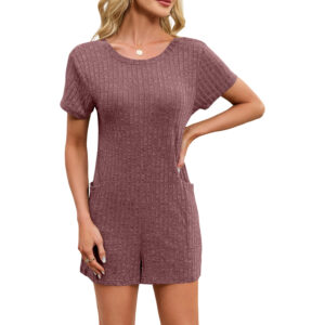 V-neck Loose-fit Pocketed Short-sleeve Jumpsuit Beach Pants Womens