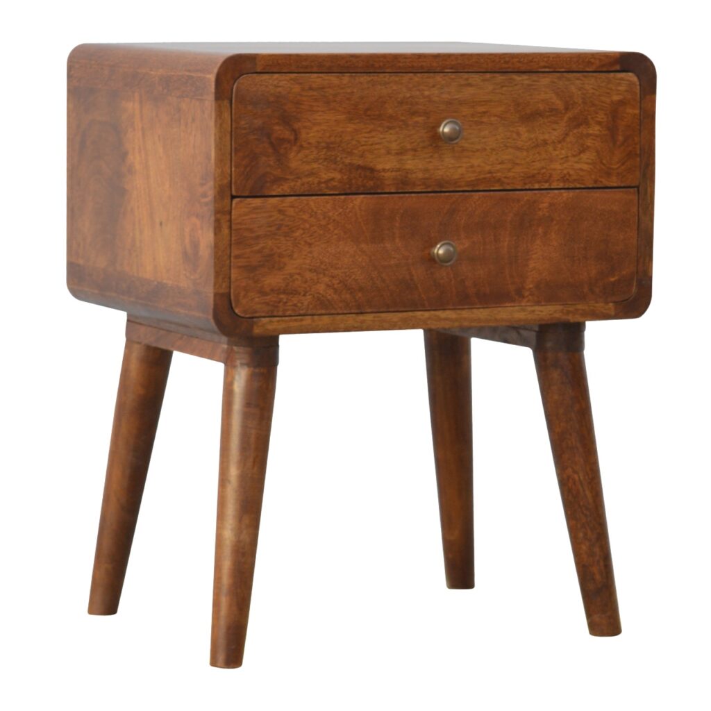 Solid Wood Curved Chestnut Bedside, 2 Drawers, Dark Brown