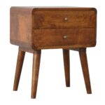 Solid Wood Curved Chestnut Bedside, 2 Drawers, Dark Brown