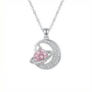 925 Sterling Silver Celestial Crescent Moon and Sparkling Pink Planet Silver Pendant Necklace