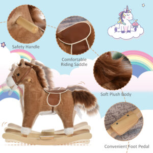 Rocking Horse Plush Animal on Wooden Rockers, Baby Rocking Chair with Sounds, Moving Mouth, Wagging Tail, Brown