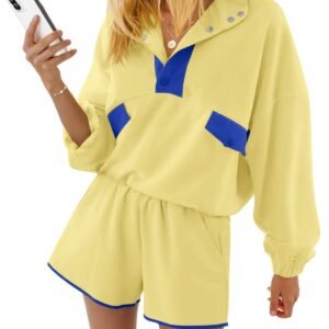 Fisoew Womens 2 Piece Sets Sweatsuits Casual Half Button Color Block Sweatshirts Running Shorts Tracksuits Fall Outfits