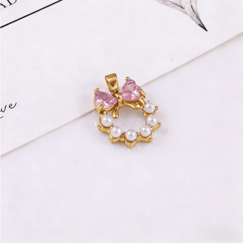 Sweet-style Bow-knot Heart Pendant With Pink Heart And Faux Pearl Circle Charm