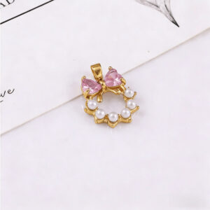 Sweet-style Bow-knot Heart Pendant With Pink Heart And Faux Pearl Circle Charm